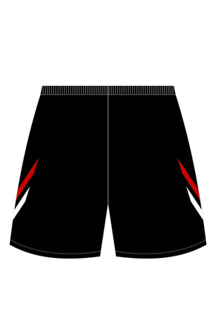 The Cooma Colts Training Short PRE-ORDER features black athletic fabric, an elastic waistband, and red and white diagonal leg stripes. Pre-order now—minimum order quantity applies.