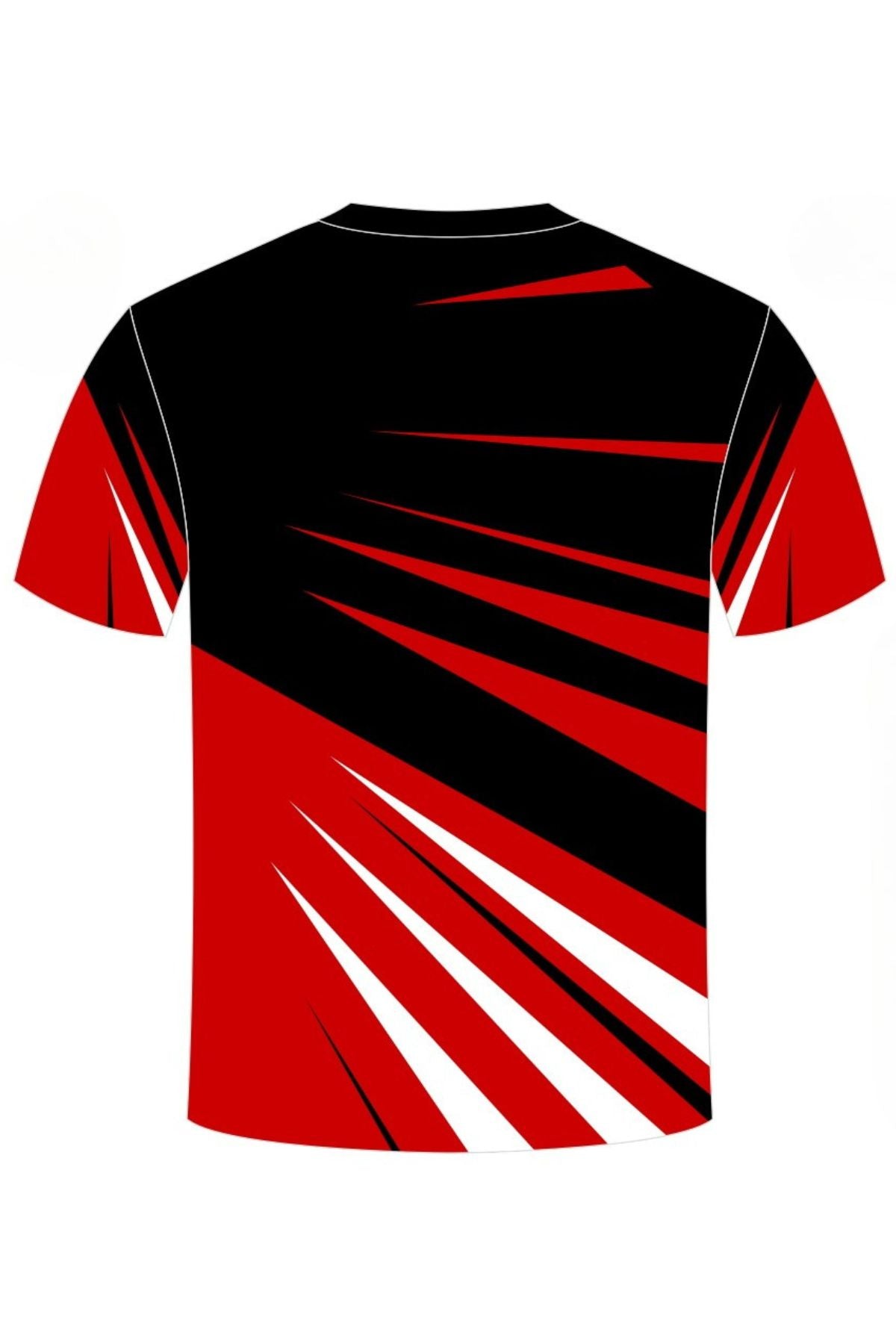 Back view of the Cooma Colts Training Tee PRE-ORDER shows a bold black, red, and white pattern with angular streaks for a modern look. Available now for pre-order; minimum order quantity applies.