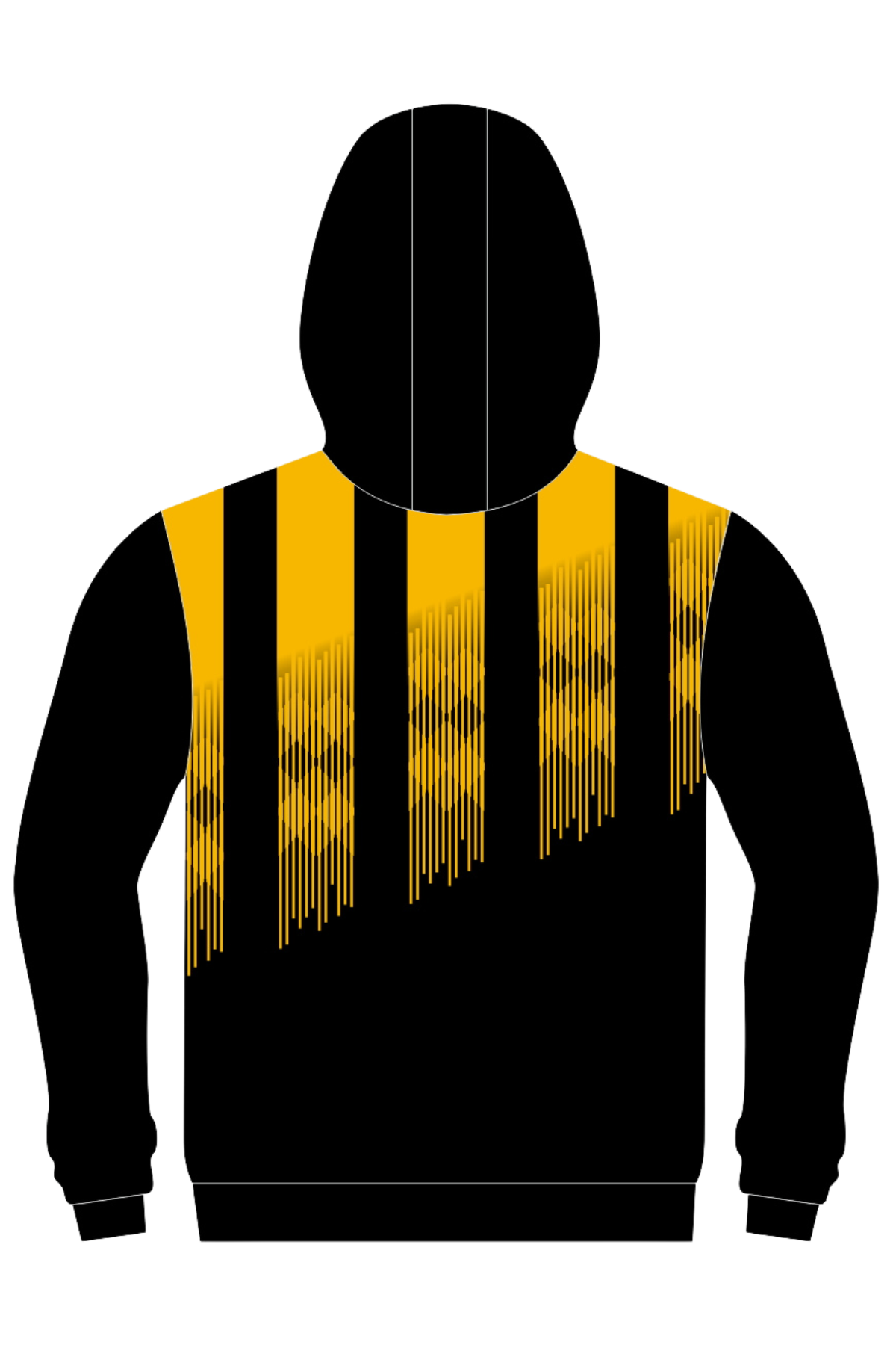 The Cooma Football Club Kids Pullover Cotton Lined Hoodie features a black design with gradient yellow stripes on the upper chest and shoulders, fading diagonally—ideal for young fans of the club.