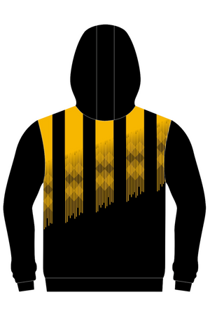 The Cooma Football Club Kids Pullover Cotton Lined Hoodie features a black design with gradient yellow stripes on the upper chest and shoulders, fading diagonally—ideal for young fans of the club.