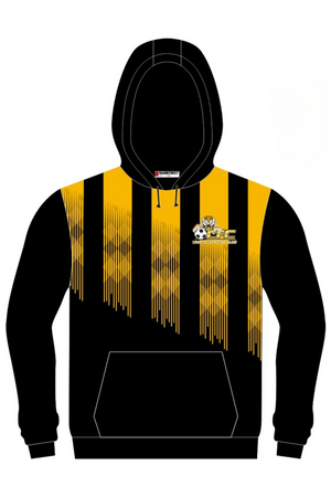 The Cooma Football Club Pullover Cotton Lined Hoodie features a yellow and black diagonal stripe design, soccer ball and tiger crest on the chest, front pocket, drawstrings, and is available for pre-order.