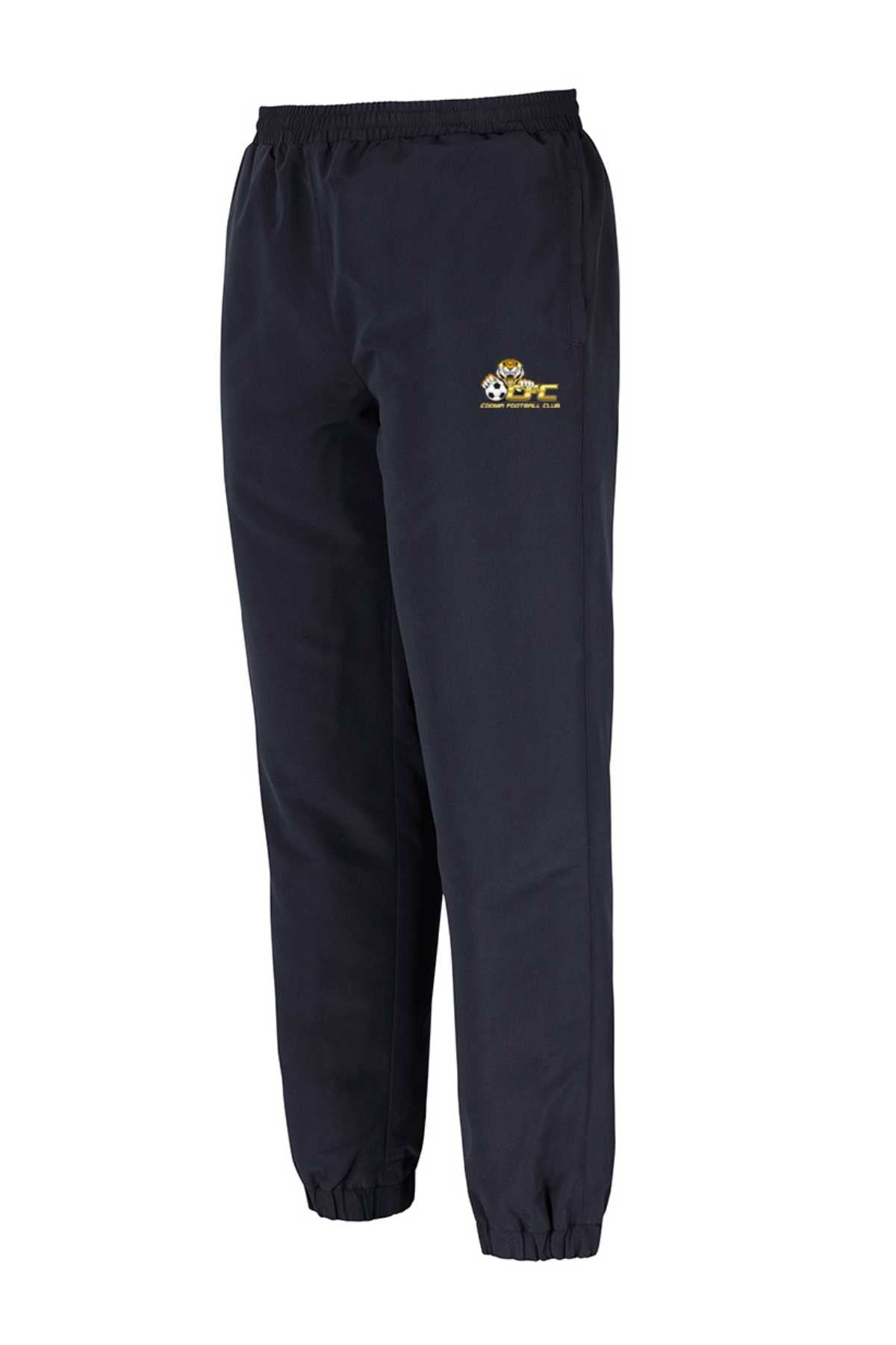 Pre-order the Cooma Football Club Trackpant: black, athletic fit with elastic waistband and ankle cuffs, featuring a small yellow and white embroidered soccer logo on the upper left thigh. Minimum order quantity may apply.