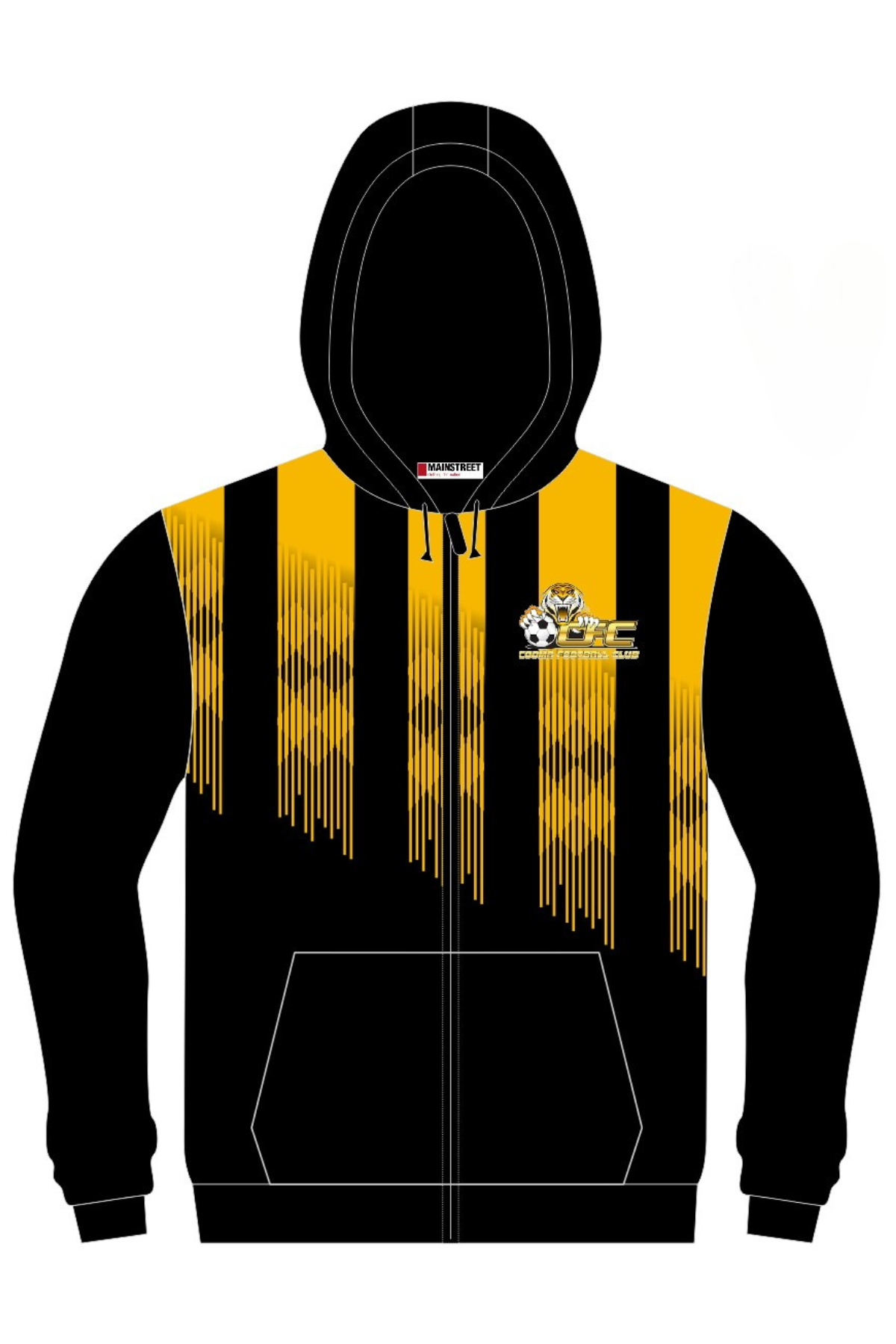 Pre-order the Cooma Football Club Full Zip Polar Fleece Hoodie—a black zip-up with yellow stripes, mascot tiger with a book on the chest, drawstring hood, and front pockets. Stay warm and stylish!.