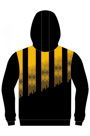 Pre-order the Cooma Football Club Full Zip Polar Fleece Hoodie—black with a hood, long sleeves, and five yellow vertical stripes on the upper back that fade with a streaked effect. Perfect for CFC fans!.