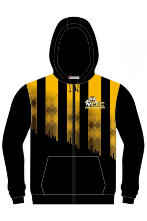 Pre-order the Cooma Football Club Full Zip Polar Fleece Hoodie—a black zip-up with yellow stripes, mascot tiger with a book on the chest, drawstring hood, and front pockets. Stay warm and stylish!.