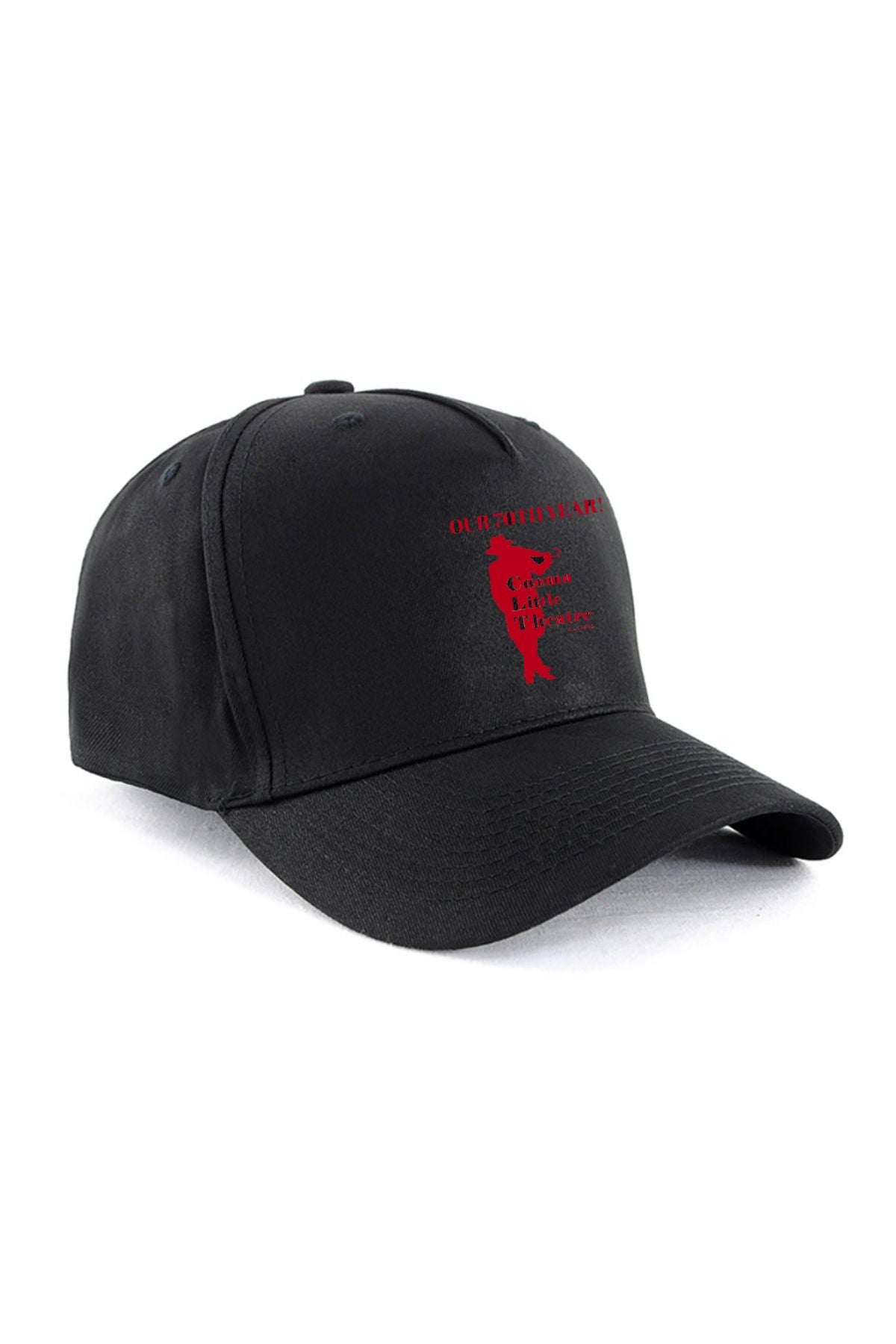 The Cooma Little Theatre 5 Panel Cap is black with a red embroidered woman’s silhouette and theatre details on the front. It features a curved brim and is available now for pre-order.
