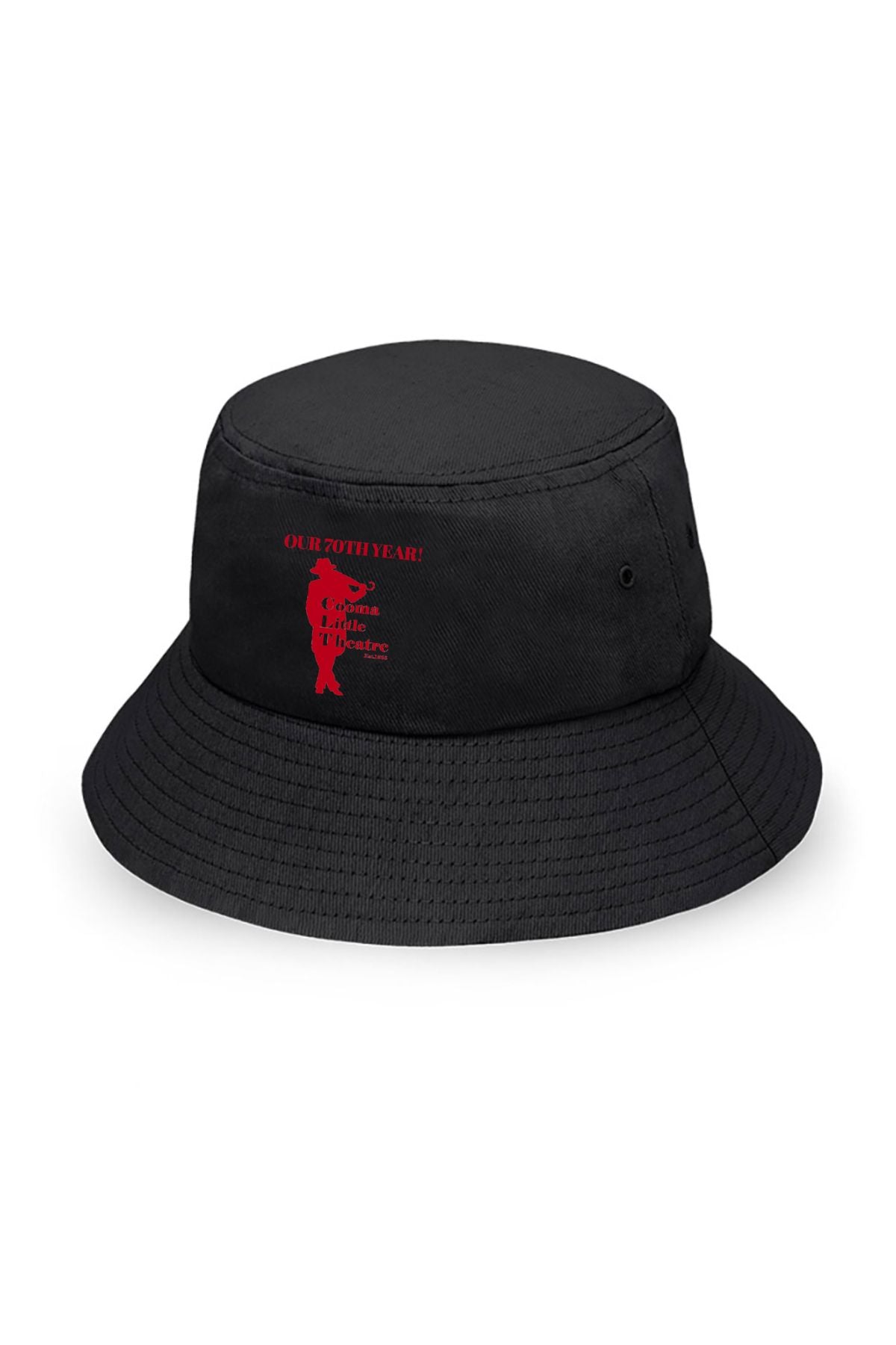 The Cooma Little Theatre Bucket Hat is a black hat with a red graphic of a trumpet player and the text "OUR 70TH YEAR! This is the beginning of everything." Perfect for fans—pre-order yours now!.