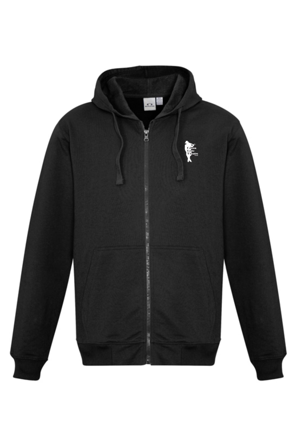 The Cooma Little Theatre Crew Zip Hoodie features front pockets and a small white dinosaur graphic on the left chest. Pre-order now—perfect for fans!.