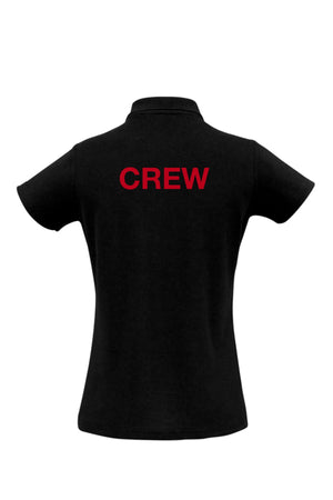 The Cooma Little Theatre Ladies Ice Short Sleeve Polo features "CREW" in bold red on the back—ideal for theatre events. Available in black and open for pre-order now.
