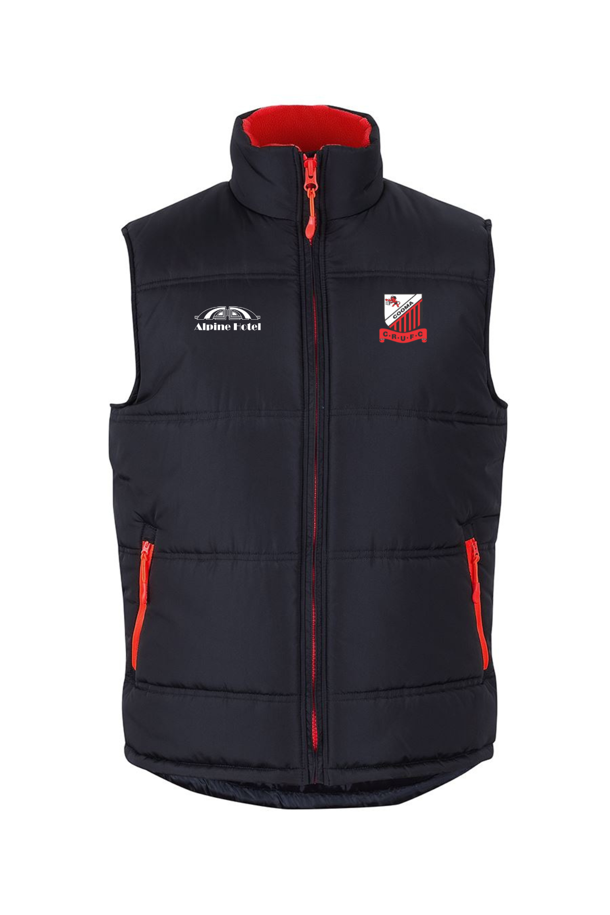 Pre-order the Cooma Rugby Red Devils Puffer Vest, a dark blue puffer with red accents on the inner lining and zipper pockets. It features a high collar and front zipper, plus two chest logos: one mountain design with "Alpine Field" and another shield design.