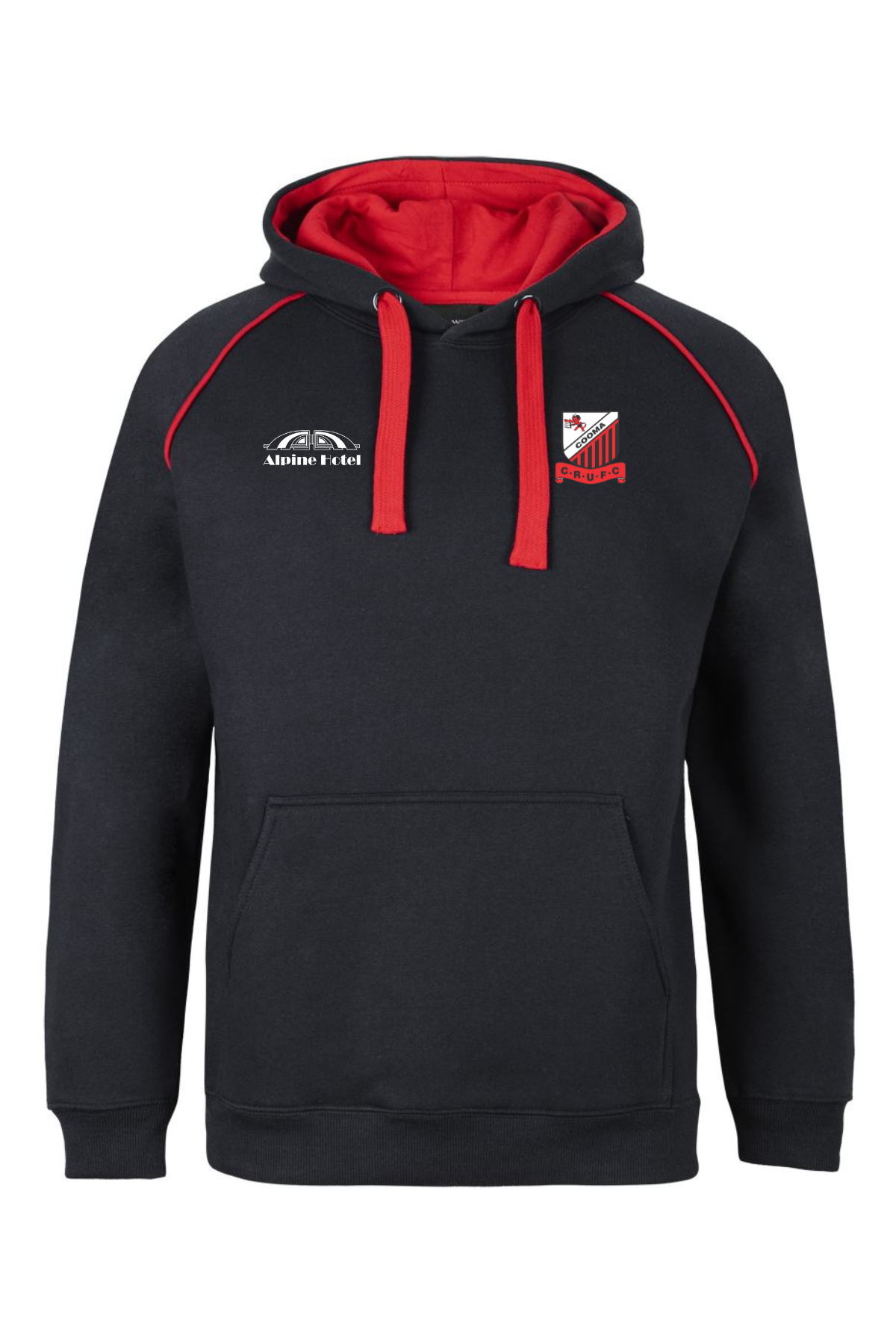 The Cooma Rugby Red Devils Fleece Hoodie features black fleece, red drawstrings and hood lining, front pouch pocket, embroidered chest logos including Cooma Rugby, red shoulder accents. Available for pre-order.