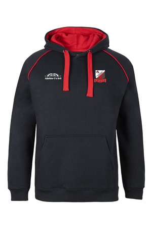 The Cooma Rugby Red Devils Fleece Hoodie features black fleece, red drawstrings and hood lining, front pouch pocket, embroidered chest logos including Cooma Rugby, red shoulder accents. Available for pre-order.