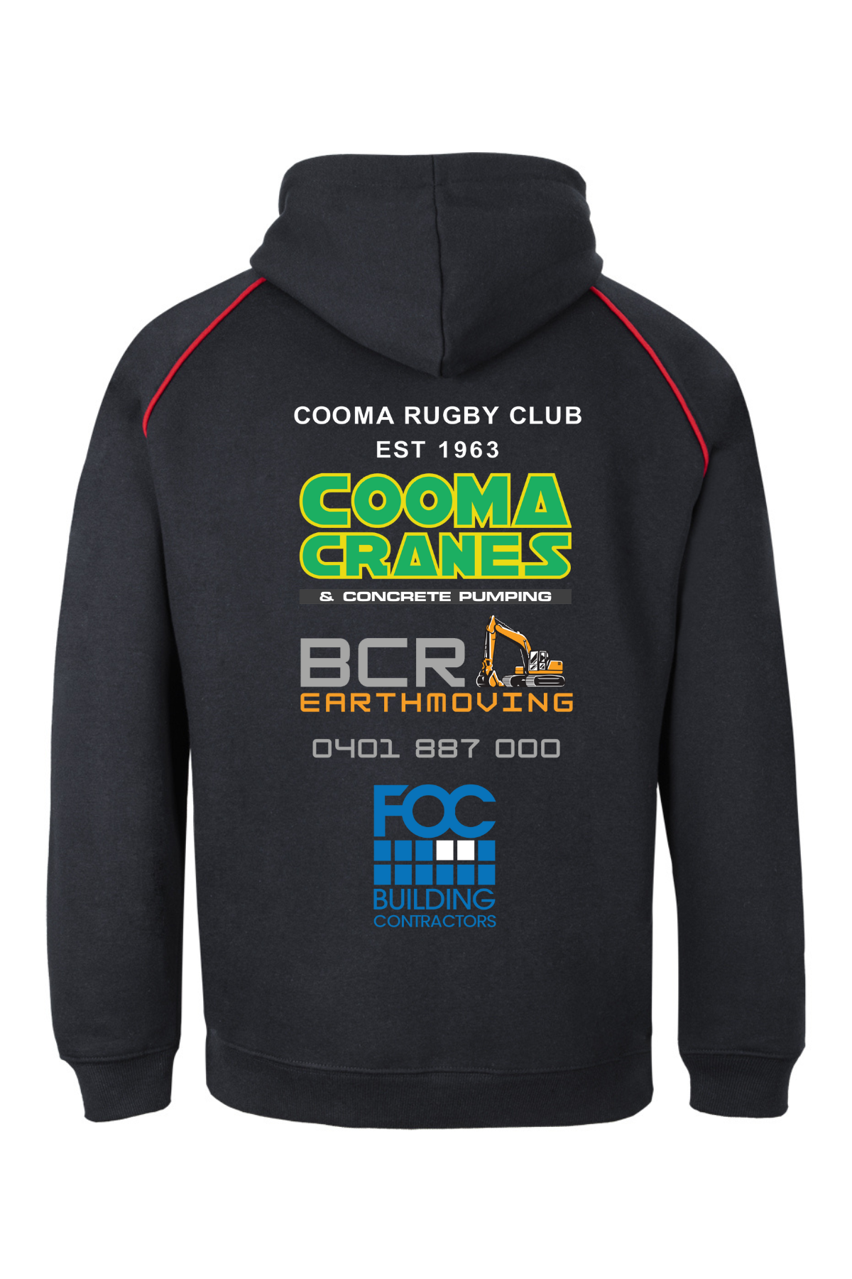The Cooma Rugby Red Devils Fleece Hoodie features a black design with red trim, "Cooma Rugby Club EST 1963" on the front, and sponsor logos on the back—perfect for any Red Devils fan.