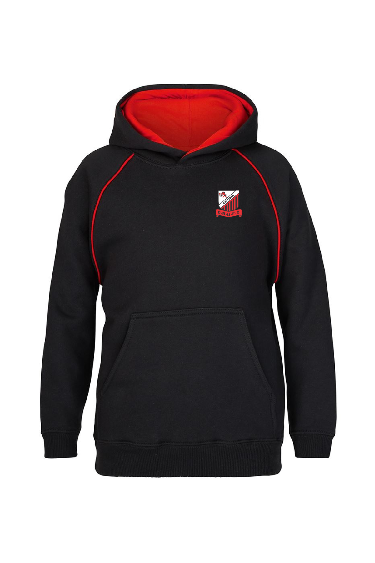 The Cooma Rugby Red Devils Kids Fleece Hoodie is a stylish pre-order item with a cozy black exterior, vibrant red interior, front pocket, and distinctive red shoulder piping. A small shield-shaped emblem with red and white stripes adorns the chest.