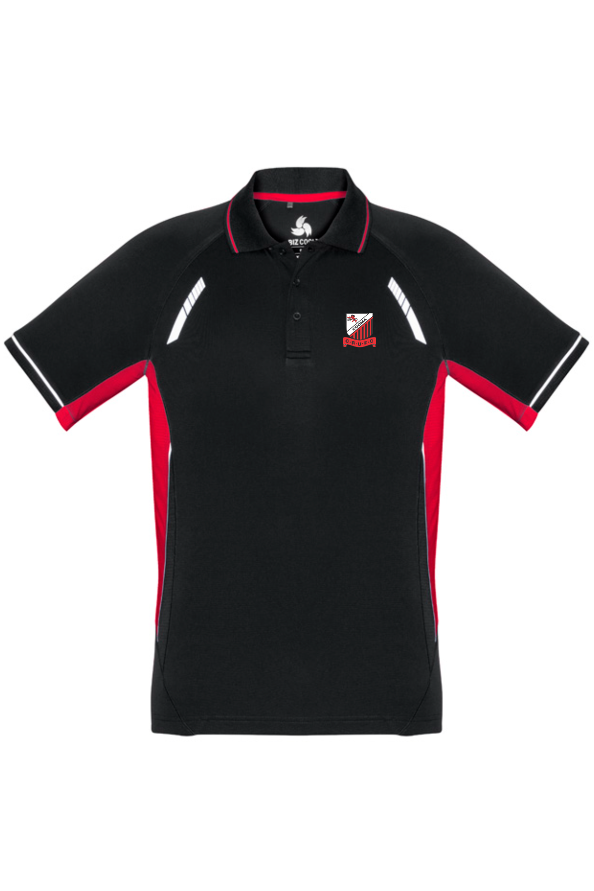 The Cooma Rugby Red Devils Kids Polo, a Black shirt with red and white accents, embodies the team's spirit. Ideal for casual outings or playtime, it includes short sleeves, a chest design element, classic collar, and button placket.