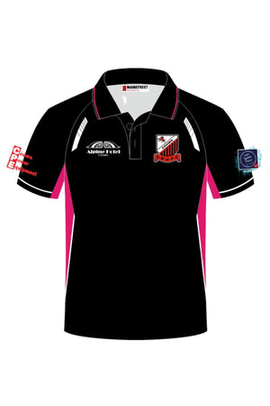 The Cooma Rugby Red Devils Ladies Polo features a black collar, pink and white accents, team and sponsor logos on the chest, sleeves, shoulders, and a red and white Red Devils crestβperfect for Cooma Rugby fans.
