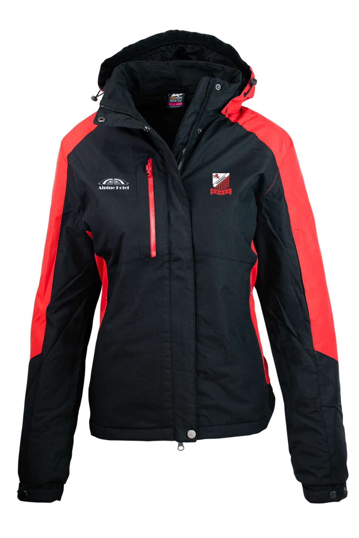 The Cooma Rugby Red Devils Napier Ladies Jacket is a black hooded jacket with red accents, embroidered rugby-inspired logos, front zipper, and snap-button closure. Pre-order now!.