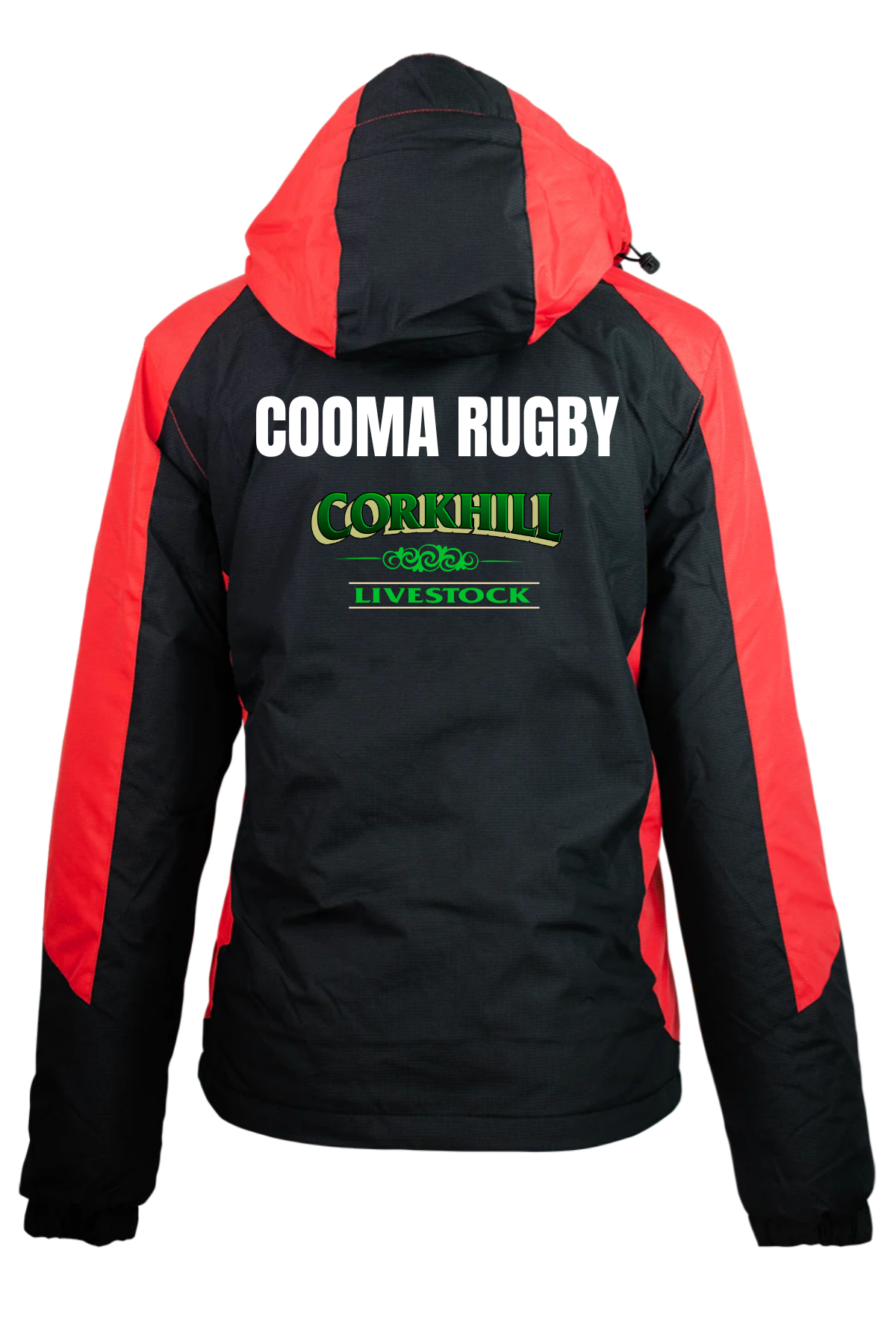 The Cooma Rugby Red Devils Napier Ladies Jacket is a black hooded jacket with red accents, embroidered rugby-inspired logos, front zipper, and snap-button closure. Pre-order now!.