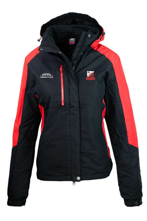 The Cooma Rugby Red Devils Napier Ladies Jacket is a black hooded jacket with red accents, embroidered rugby-inspired logos, front zipper, and snap-button closure. Pre-order now!.