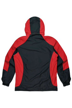 Back view of the Cooma Rugby Red Devils Napier Men's Jacket, with a black center, red sleeves, and a bold black stripe. It features elastic cuffs and a relaxed fit for stylish comfort on or off the field.