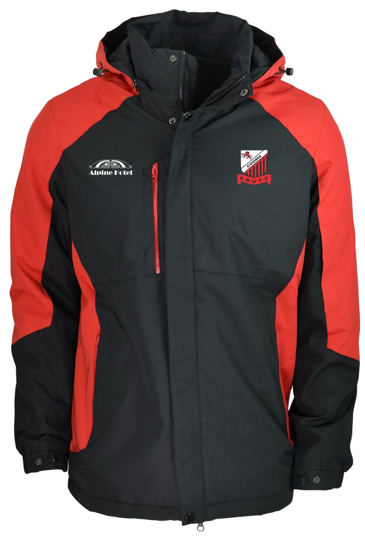 The Cooma Rugby Red Devils Napier Mens Jacket is a black and red hooded winter rugby jacket with a front zipper, chest pocket, embroidered chest and shoulder logos, plus red sleeve accents—perfect for Red Devils fans.