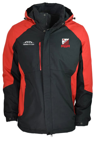 The Cooma Rugby Red Devils Napier Mens Jacket is a black and red hooded winter rugby jacket with a front zipper, chest pocket, embroidered chest and shoulder logos, plus red sleeve accentsβperfect for Red Devils fans.
