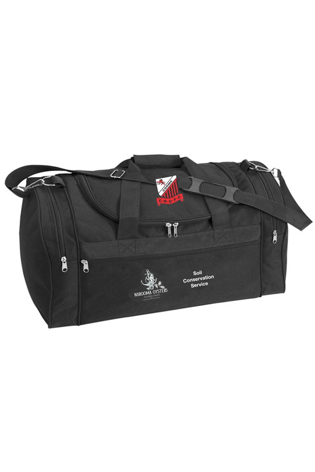 The Cooma Rugby Red Devils Sports Bag is a large black bag with multiple zippered pockets, shoulder strap, and handles. "NACD" logo and "Soil Conservation Service" are embroidered in white on the side—ideal for fans.