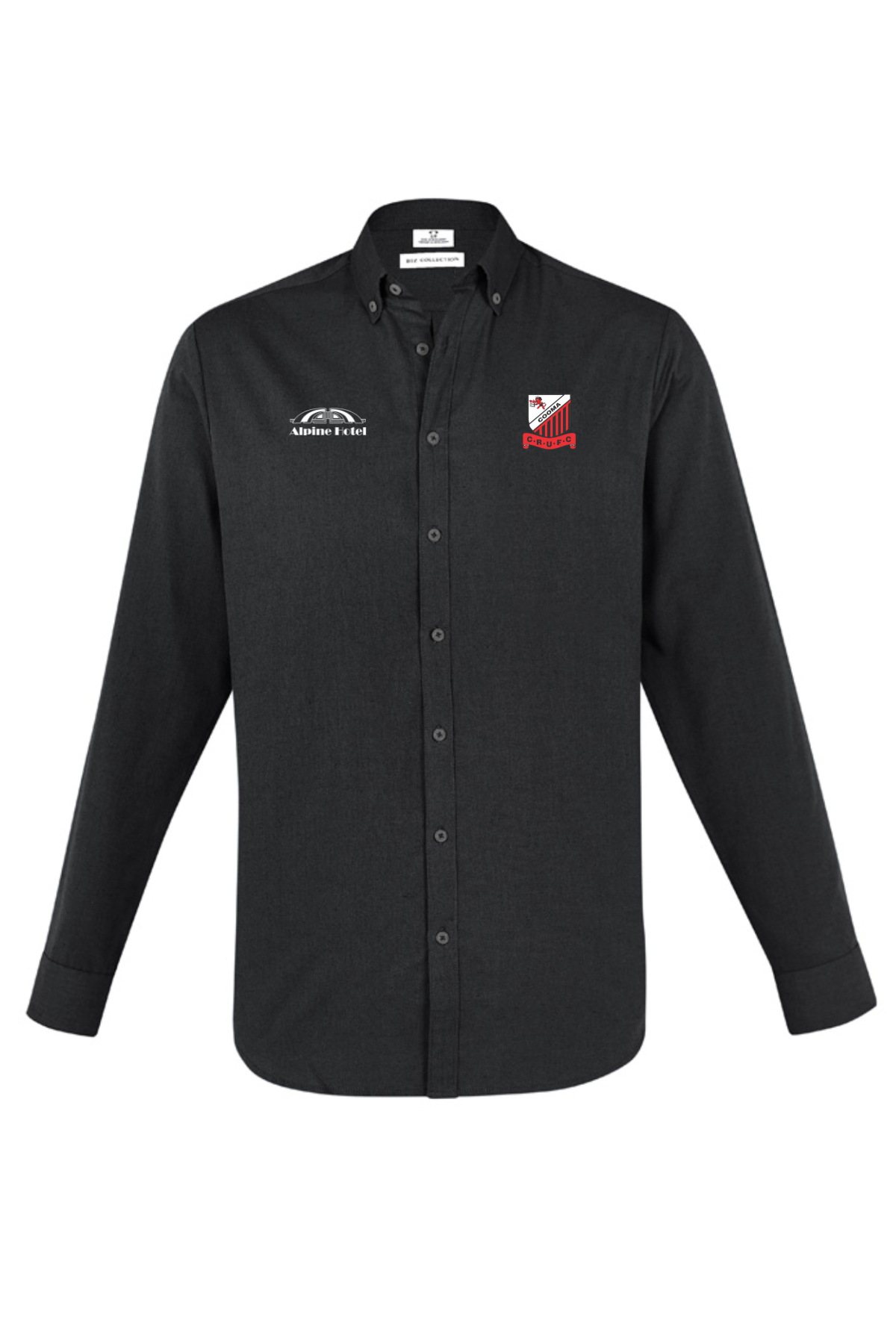 The Cooma Rugby Red Devils Players Dress Shirt is a black button-up with a collar, featuring two chest logos: a white text logo on the left and a striking red and white design inspired by the Red Devils on the right. Stylish for any fan or player.