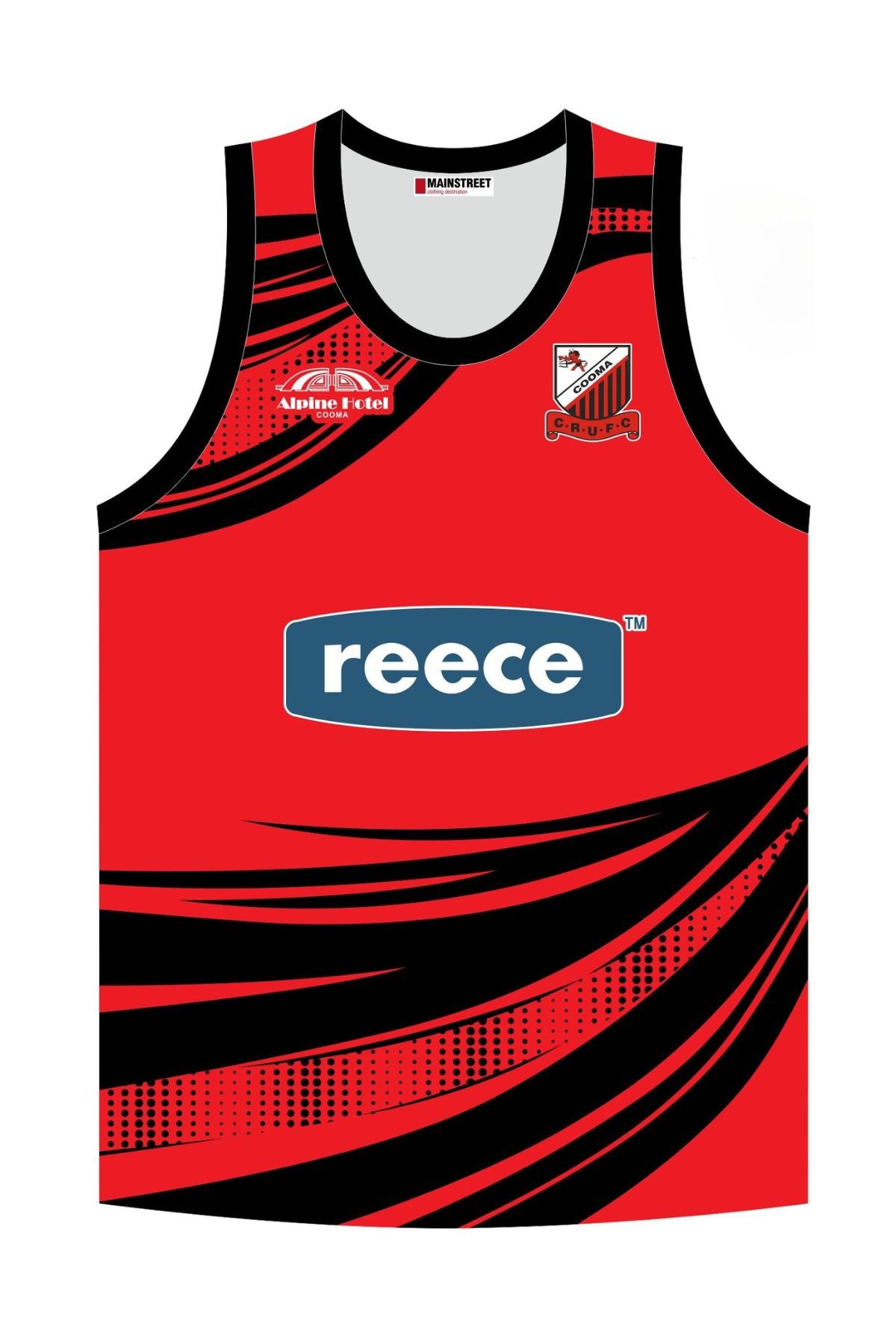 The Cooma Rugby Red Devils Ladies Training Singlet PRE-ORDER is a red sublimated top with black swoosh patterns, a blue and white "reece" sponsor logo, two small right chest logos, and a shield-shaped team emblem on the left chest.