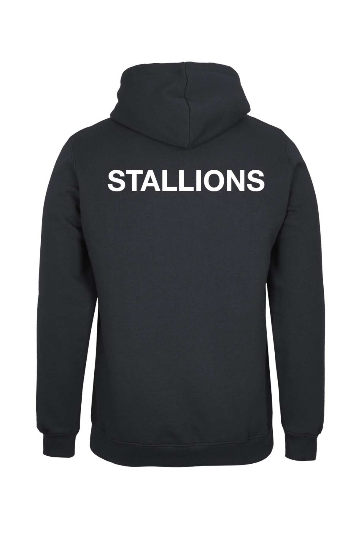 The Cooma Stallions RLFC Pullover Hoodie PRE-ORDER is a plain black hoodie with a front pocket, drawstring hood, and a small white circular dinosaur logo on the left chest.