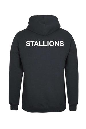 The Cooma Stallions RLFC Pullover Hoodie PRE-ORDER features a black design with "STALLIONS" printed in bold white capital letters across the upper back.
