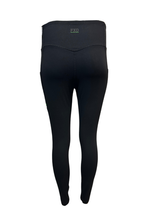Cooma Stallions RLFC Sublimated Full Length Leggings (PRE-ORDER) in black, shown from the back with a small “FXD” logo on the waistband. Features a smooth, high-waisted, fitted design and displayed on a white background.