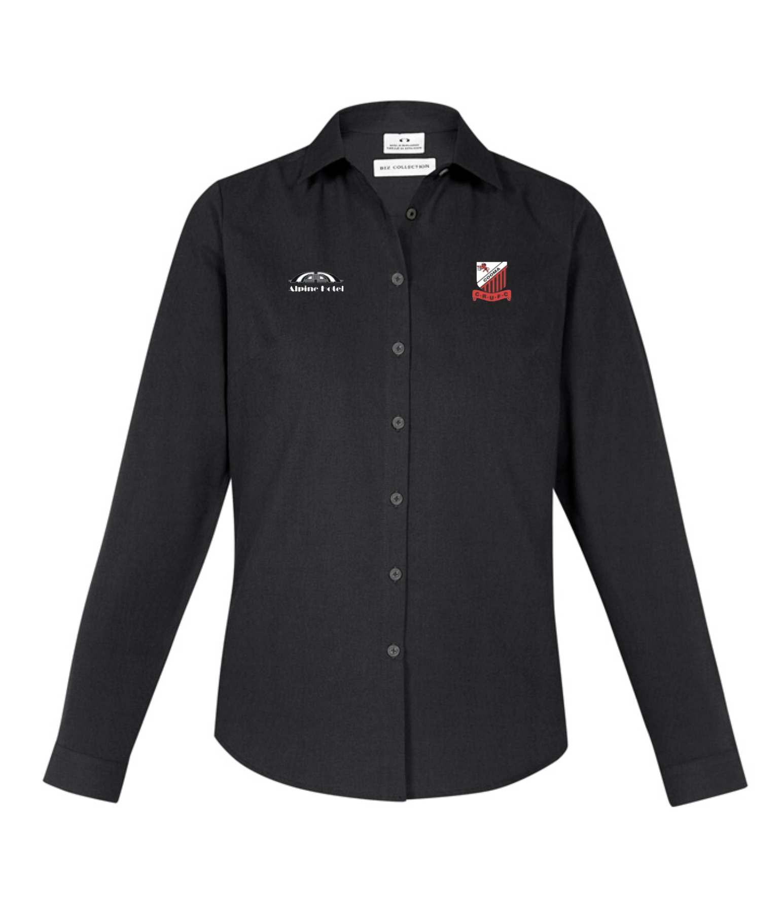 Pre-order the Cooma Rugby Red Devils Ladies Players Dress Shirt—a black, long-sleeve women's shirt with classic collar, no visible pockets, and two chest logos: a white logo left and red-white rugby crest right.