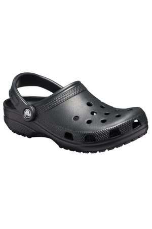 The black Crocs Classic Clog rubber shoe features a vented upper, an adjustable heel strap, and small ventilation holes on the top and sides. Its lightweight design includes a textured sole for added grip, making it ideal for any water adventure.