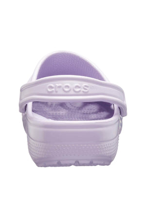 A view from behind showcases the light purple Crocs Classic Clog, emphasizing its textured heel strap and breathable sole.