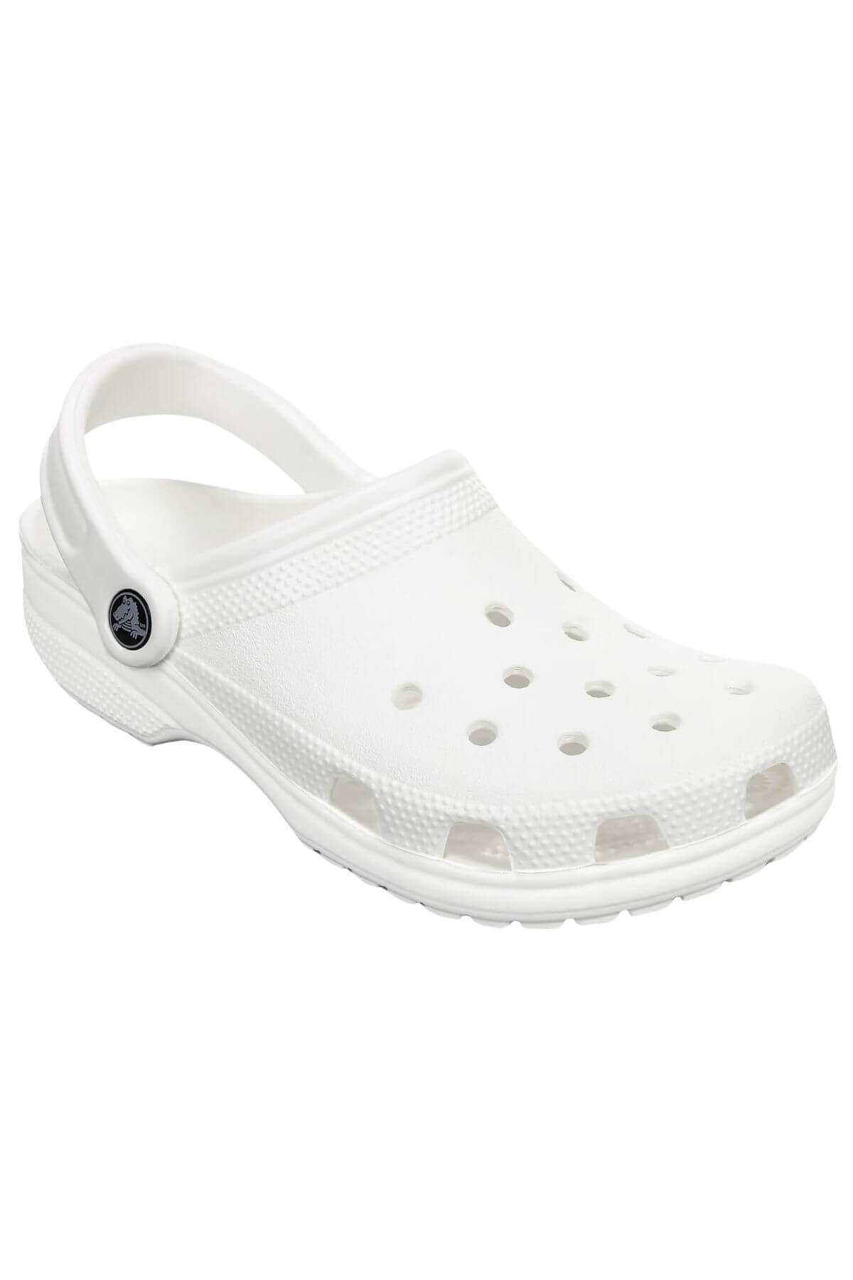 Close-up of a single Crocs Classic Clog, crafted from a lightweight and breathable material. The design features ventilation holes on the top and sides, a textured sole for added grip, and an adjustable heel strap with a circular button for secure attachment. Ideal for any water adventure.