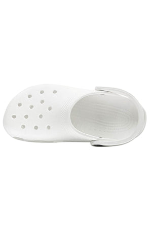 The Crocs Classic Clog, seen from above, showcases a perforated upper with numerous circular holes and a rotating back strap. This shoe is lightweight and breathable with a textured insole for enhanced comfort, making it ideal for any water-related activity.