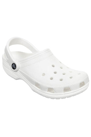 Close-up of a single Crocs Classic Clog, crafted from a lightweight and breathable material. The design features ventilation holes on the top and sides, a textured sole for added grip, and an adjustable heel strap with a circular button for secure attachment. Ideal for any water adventure.