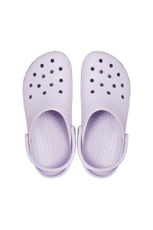 The Crocs Classic Kids Clog in light purple, made with Croslite™ material for signature Crocs Comfort™, includes ventilation holes and adjustable back straps, shown from above against a white background.