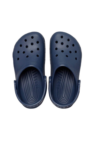 A pair of navy blue Crocs Classic Kids Clog, showcasing multiple ventilation holes on the top, is displayed from an overhead perspective against a white background. Made from Croslite™ material, these clogs offer the renowned Crocs Comfort™ with a cushioned insole and a back strap for support.