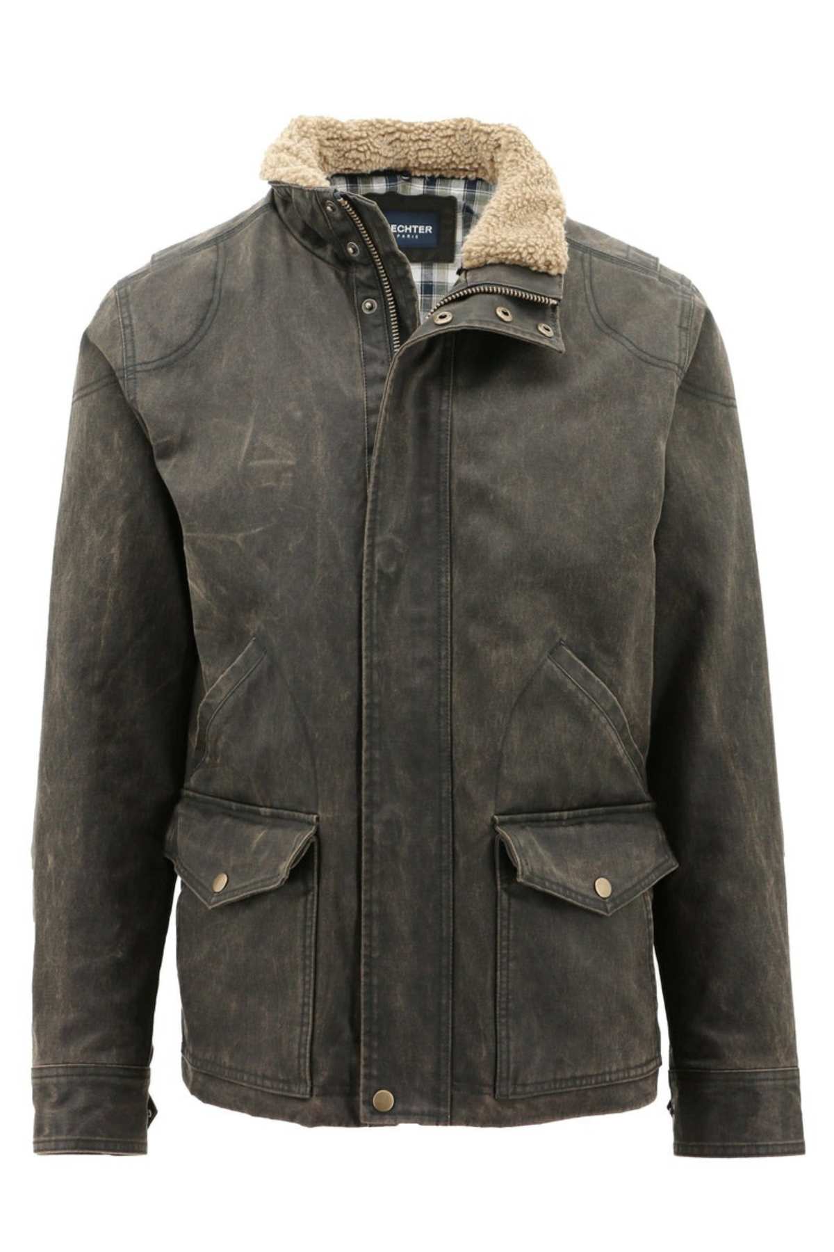 The Daniel Hechter Rhodes Jacket is a rugged, dark brown piece crafted from durable materials. It features a stand-up collar with a tan-colored sherpa lining, a front zipper and snap-button closure, two large flap pockets, zip security pockets, and visible stitching details on the chest and shoulders.
