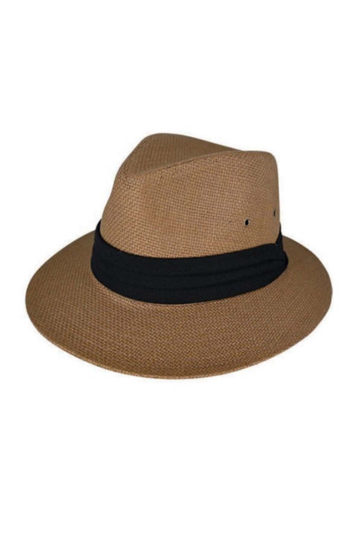 A Dot & Co Toyo Matt Safari hat in brown, featuring a wide brim and a black band around the base, providing UPF 50+ sun protection, set against a plain white background.