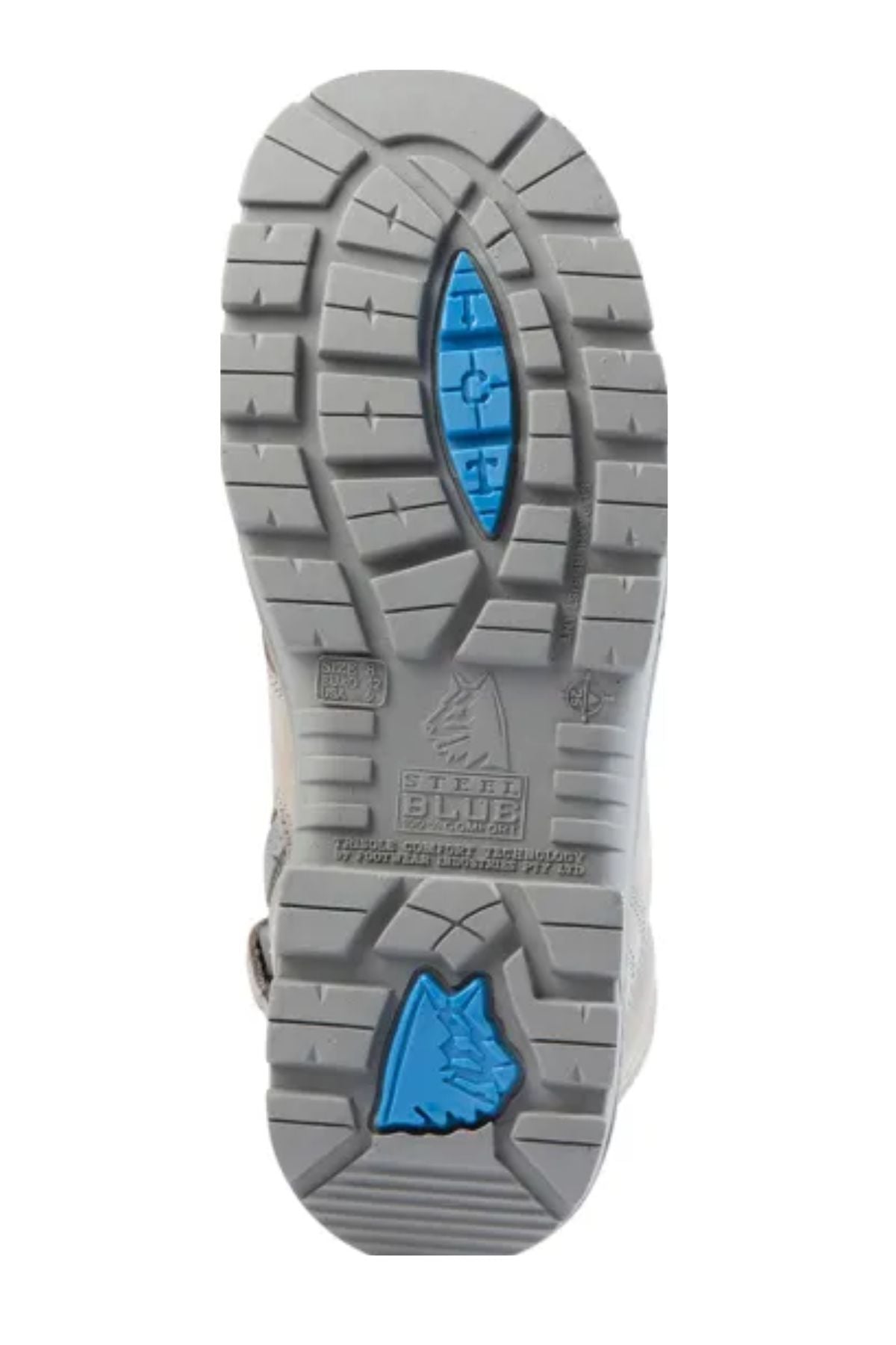 The image shows the gray sole with blue accents of the Steel Blue Argyle Zip Scuff Cap Boot. Its rugged tread and "Steel Blue" branding with a wolf logo highlight these safety steel toe construction boots.