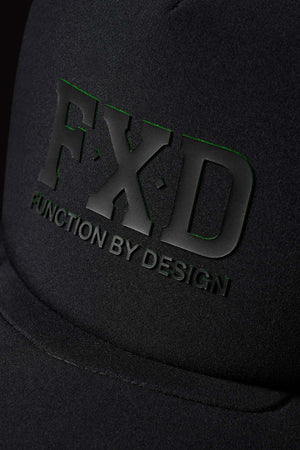 Close-up of the FXD CP-13 black trucker cap with the bold embossed "FXD" logo and "FUNCTION BY DESIGN" printed beneath. Its breathable material and adjustable snap-back offer a perfect fit, while detailed texture and stitching enhance quality.