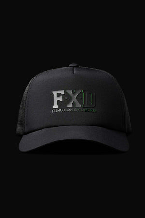 The FXD CP-13 Trucker Cap features "FXD Function By Design" in raised, dark glossy letters on a sleek black front. It has an adjustable snap-back, curved brim, and is crafted from breathable material.