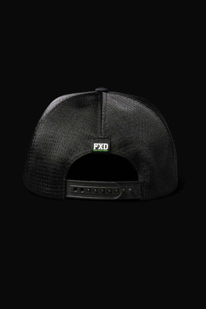 The FXD CP-13 Trucker Cap is displayed from the back, featuring a black mesh design. It has breathable material and an adjustable snap-back, with a small "FXD" logo positioned above the strap against a solid black background.