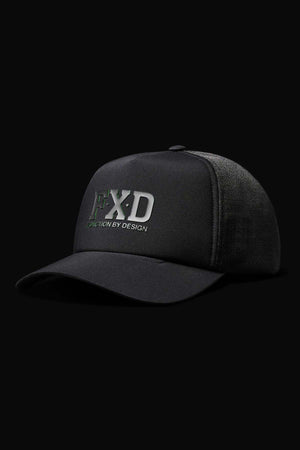 The FXD CP-13 Trucker Cap is solid black with a mesh back and breathable material, featuring a curved brim. It showcases raised "FXD" lettering above the phrase "FUNCTION BY DESIGN" on the front, while an adjustable snap-back ensures a perfect fit.