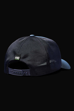 The FXD CP-13 Trucker Cap in dark color showcases a breathable design with an adjustable strap featuring holes. It includes a moisture-wicking sweatband and a small "FXD" label on a black background, viewed from the back.