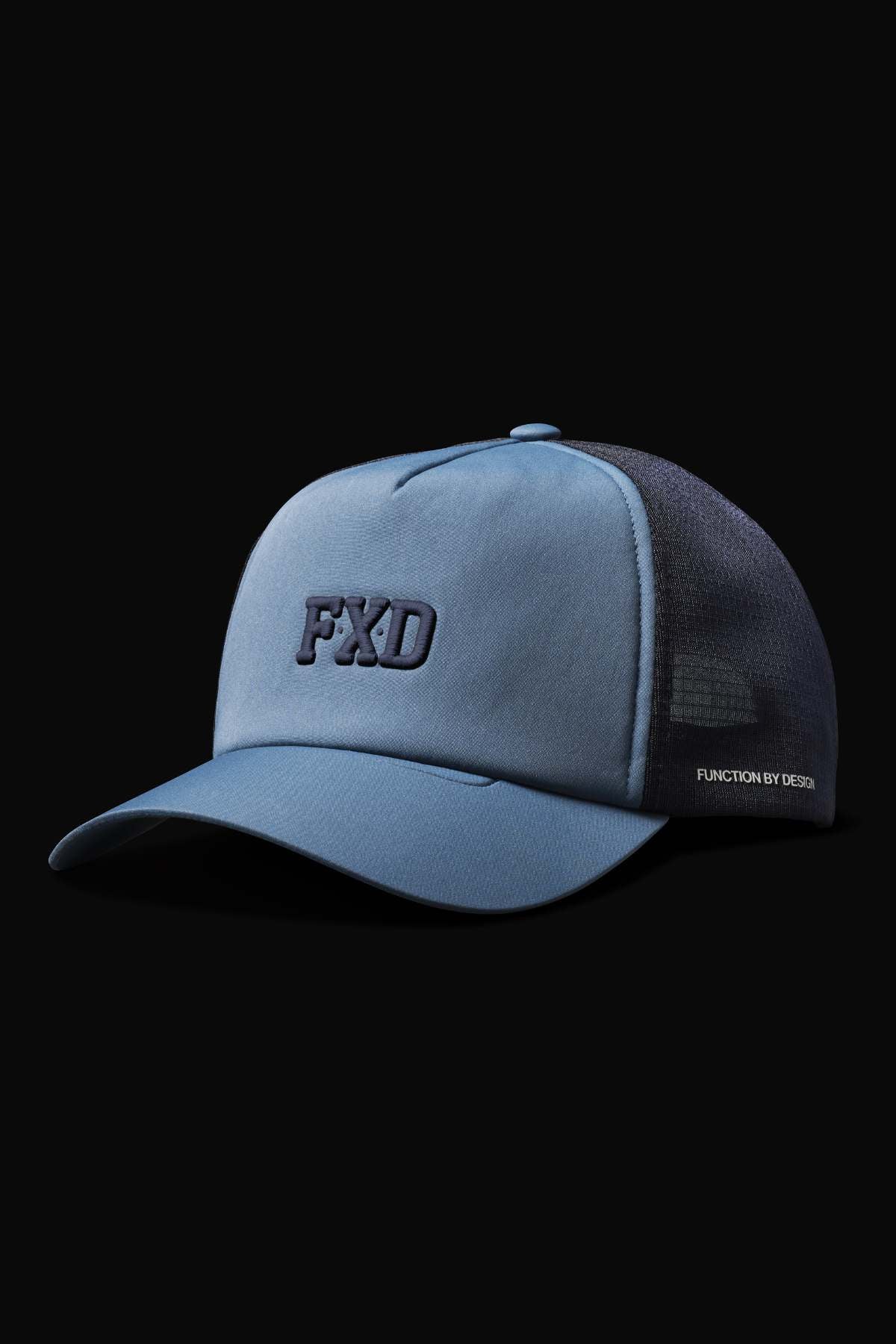 The FXD CP-13 Trucker Cap has a blue design with "FXD" on the front, breathable mesh back, and a moisture-wicking sweatband. The side brim reads "FUNCTION BY DESIGN," set against a dark background for added style.