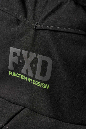 Close-up of the FXD CP-14 Boonie Hat’s black fabric: bold grey "FXD" and green "FUNCTION BY DESIGN" text, visible stitching, and lightweight construction for enhanced sun protection.